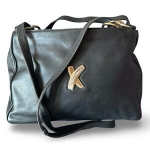 Paloma Picasso Italy Luxury black leather shoulder bag "X" logo accent.